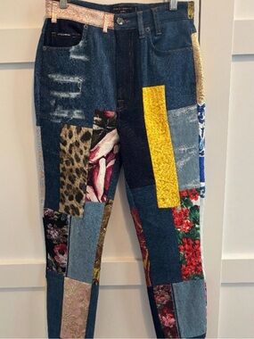 Patchwork Dark Blue Denim Jeans with Mixed Print Panels